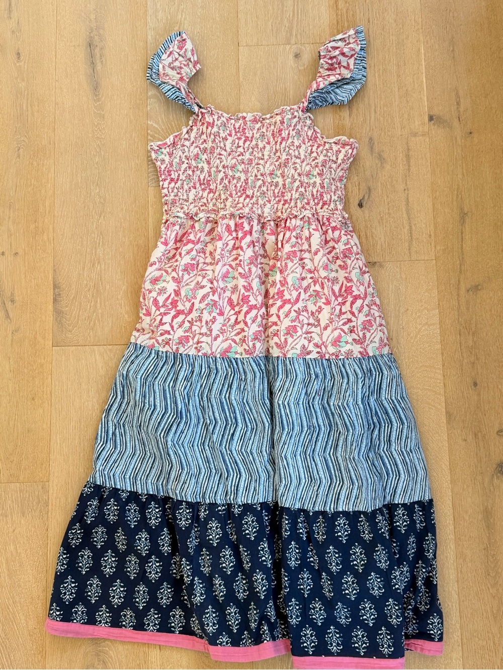 THML Pink, Blue and Navy Tiered Smocked Maxi Dress